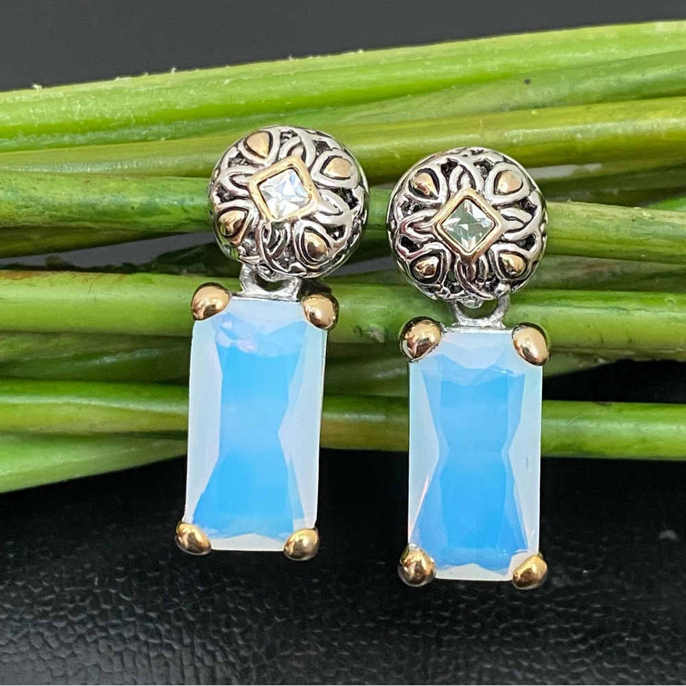 EXP Signed Opalite Crystal 2-tone Dangle Drop Post Earrings 15g